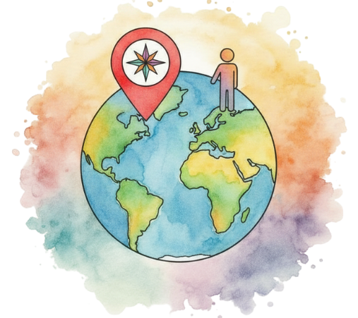 Who and Where icon - globe with person and pin